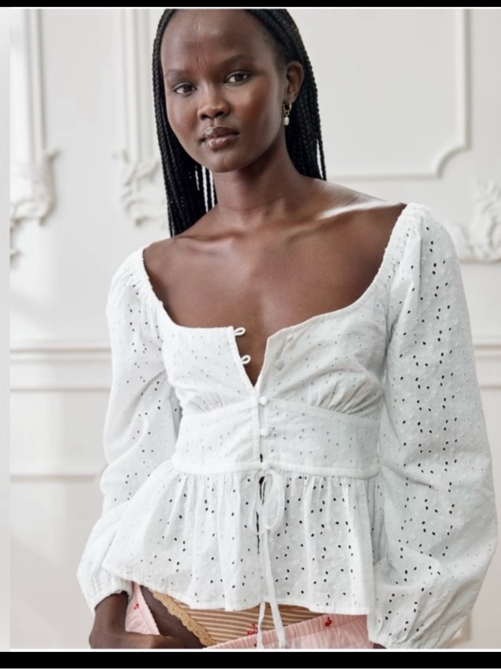 Aerie Long Sleeve Peplum Top White Eyelet Bohemian Bridgerton
